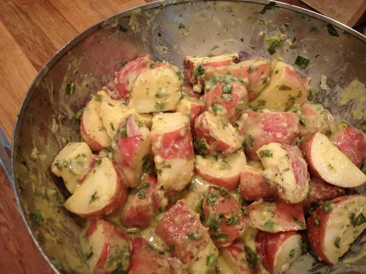  A colorful mix of potatoes and vegetables come together in this vegan red potato salad.