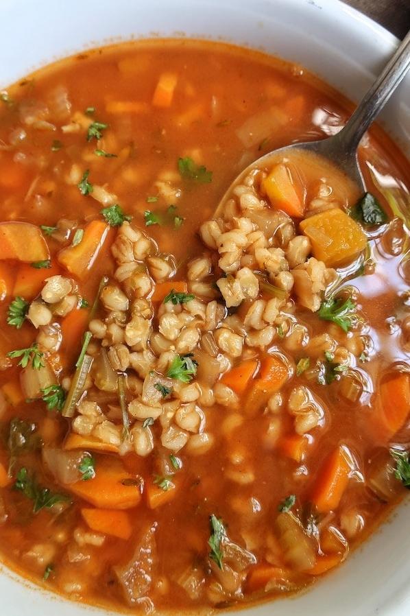  A hot bowl of Vegan Barley Soup is the perfect meal to cozy up with on a chilly day.
