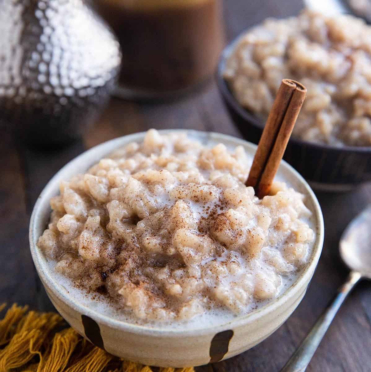  A humble bowl of rice pudding becomes a delightful dessert with maple syrup and vegan milk.