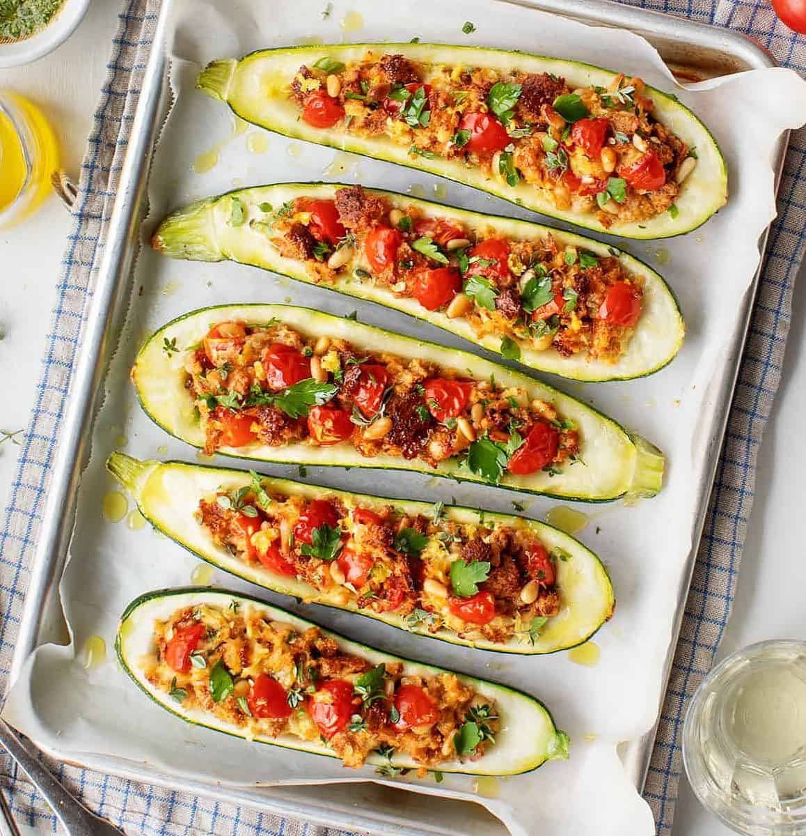  Beautifully roasted zucchini boats filled with a flavorful veggie stuffing
