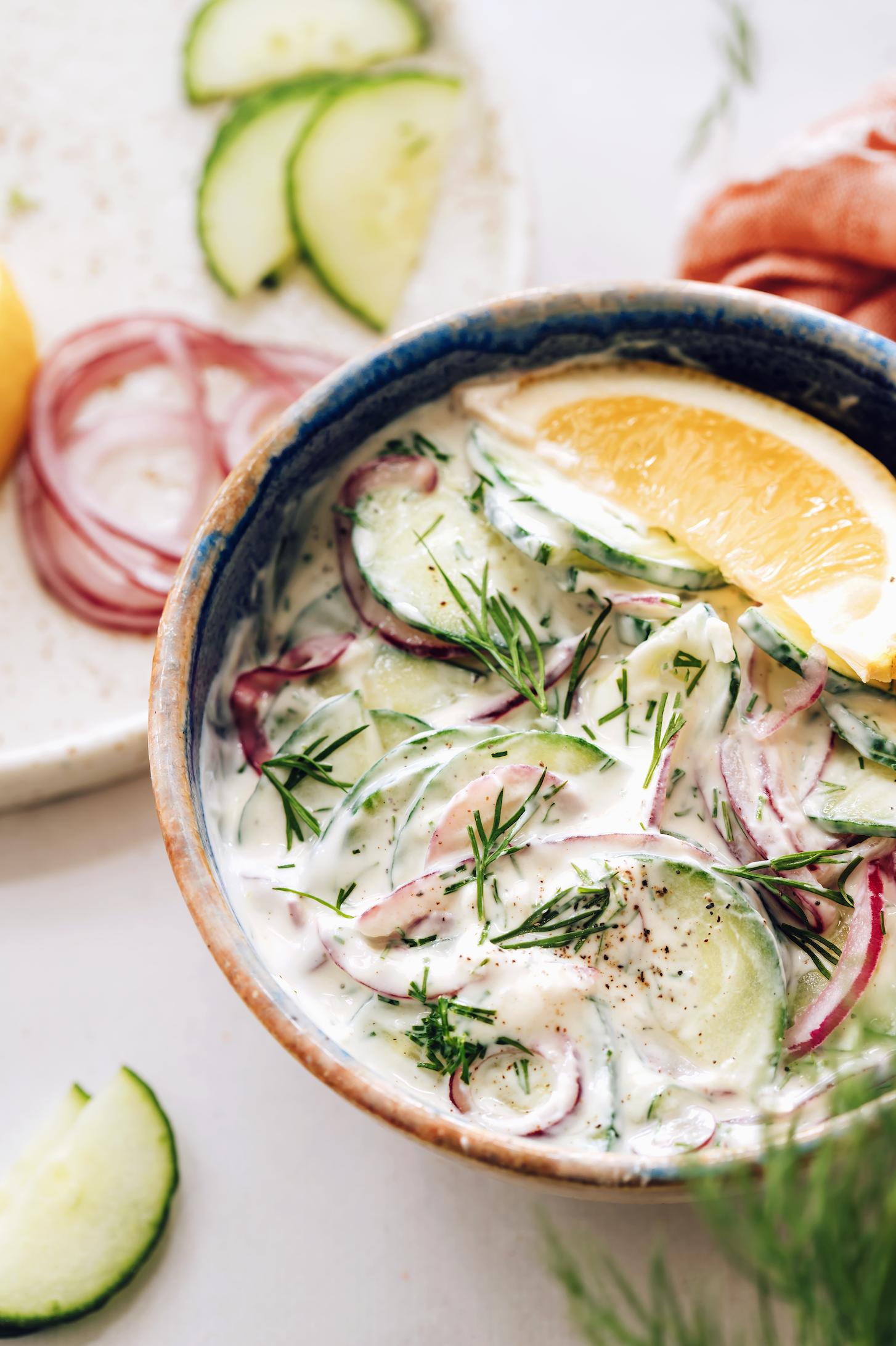  Cool and creamy, this vegan cucumber salad is perfect for hot summer days.