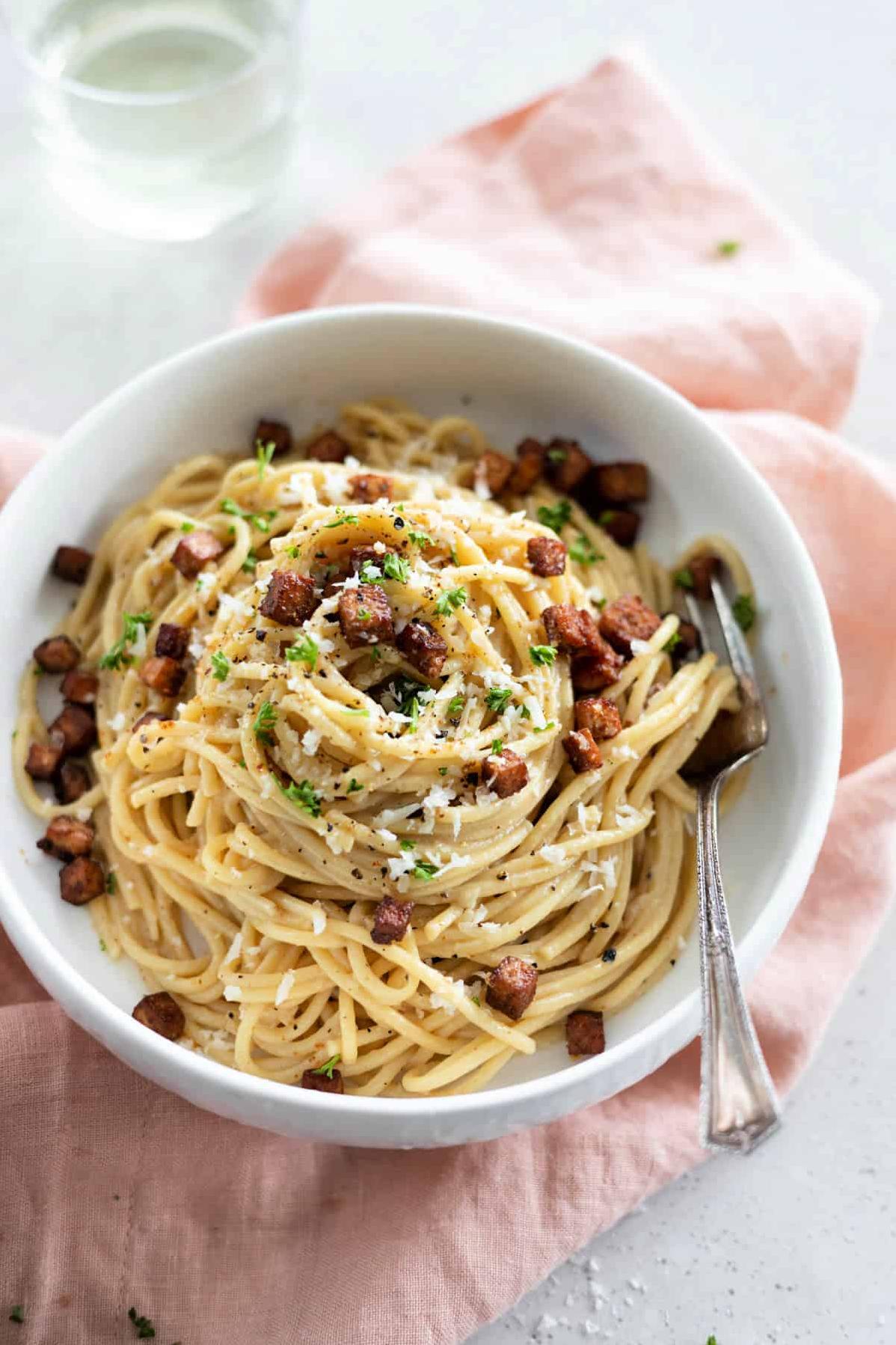  Creamy and delicious, this carbonara is completely free of animal products.