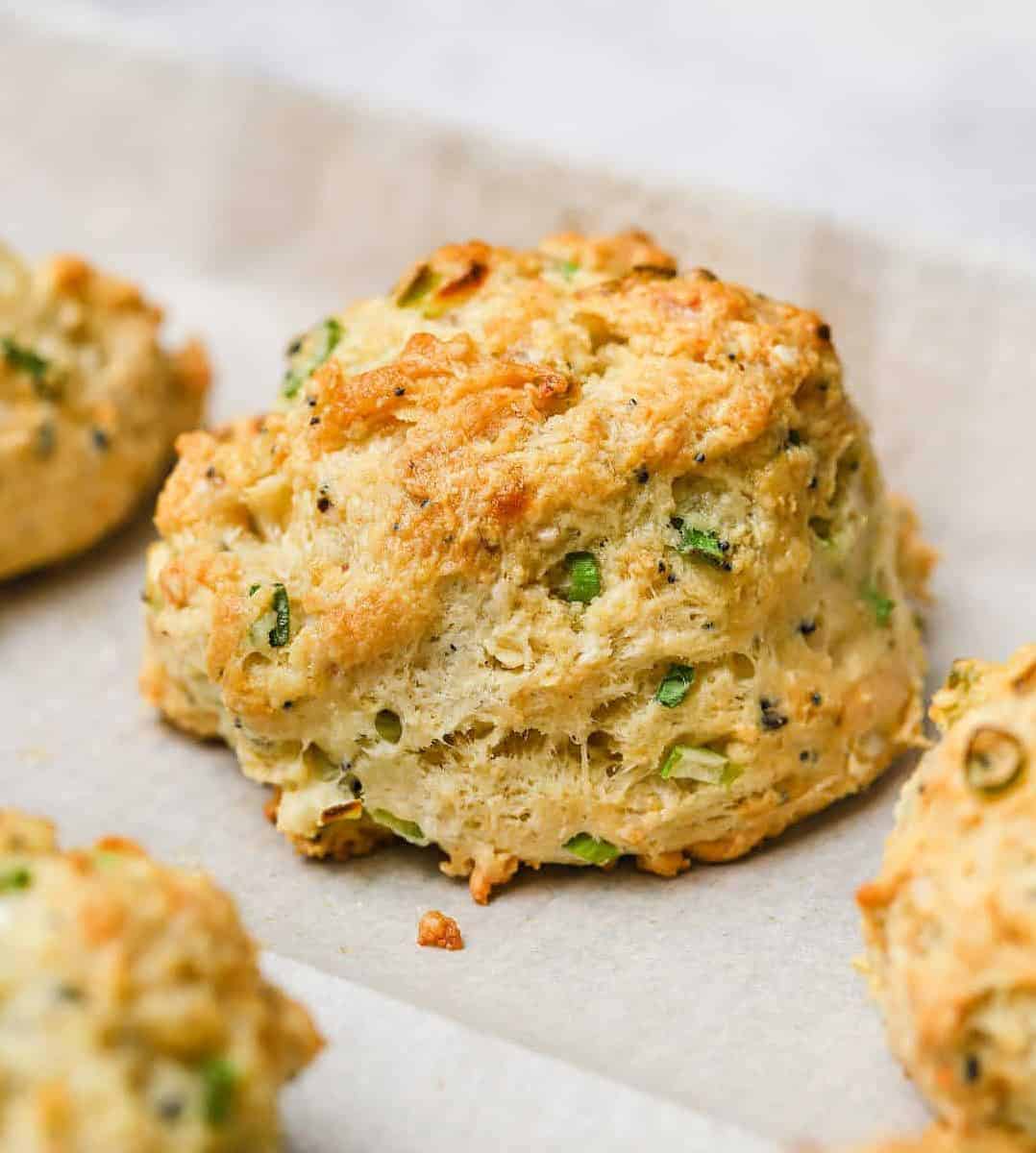  Flavored with savory scallions and cheesy vegan cheddar, these biscuits smell and taste delicious.