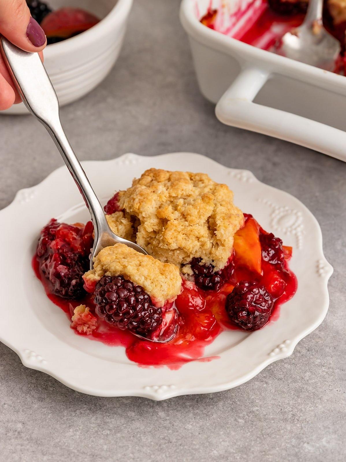  Freshly picked blackberries and peaches make the perfect filling for this vegan cobbler.