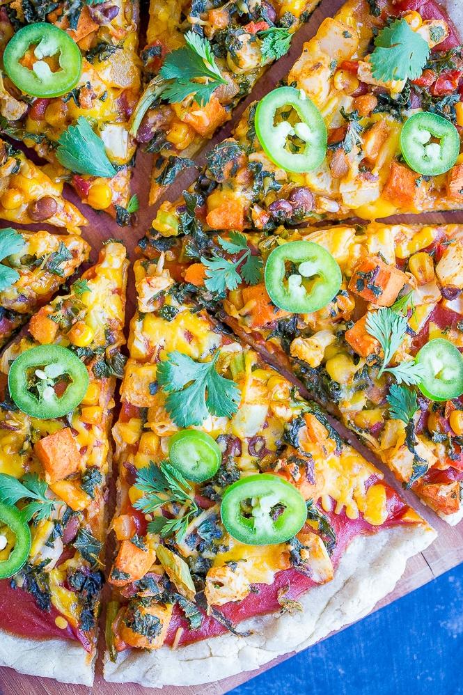 Here are some creative photo captions for the Vegetarian Taco Pizza recipe:
