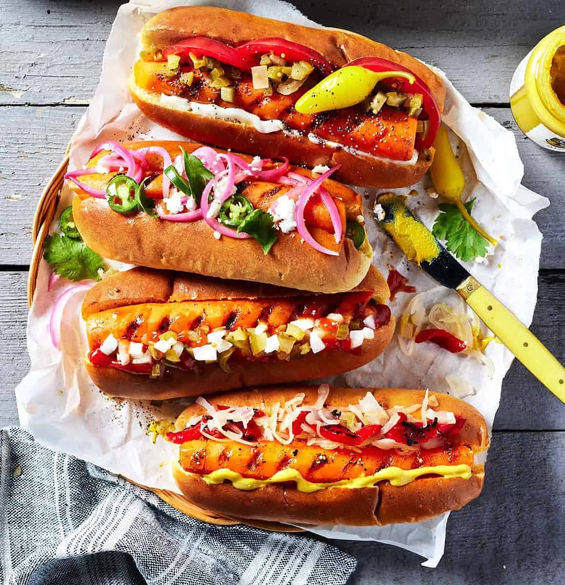  Here's a hot tip: top your vegan dog with all your favorite condiments for a tasty meal.