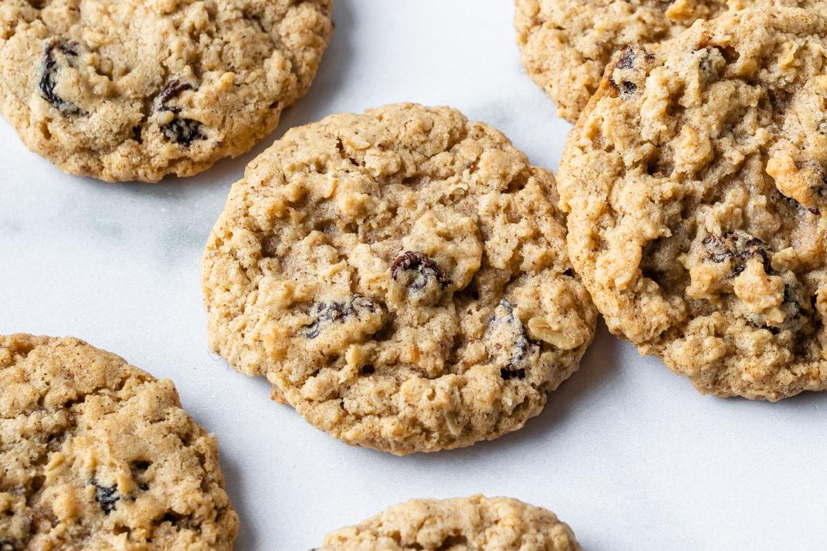  Indulge in the warm, soft, and chewy texture of a freshly baked oatmeal raisin cookie.