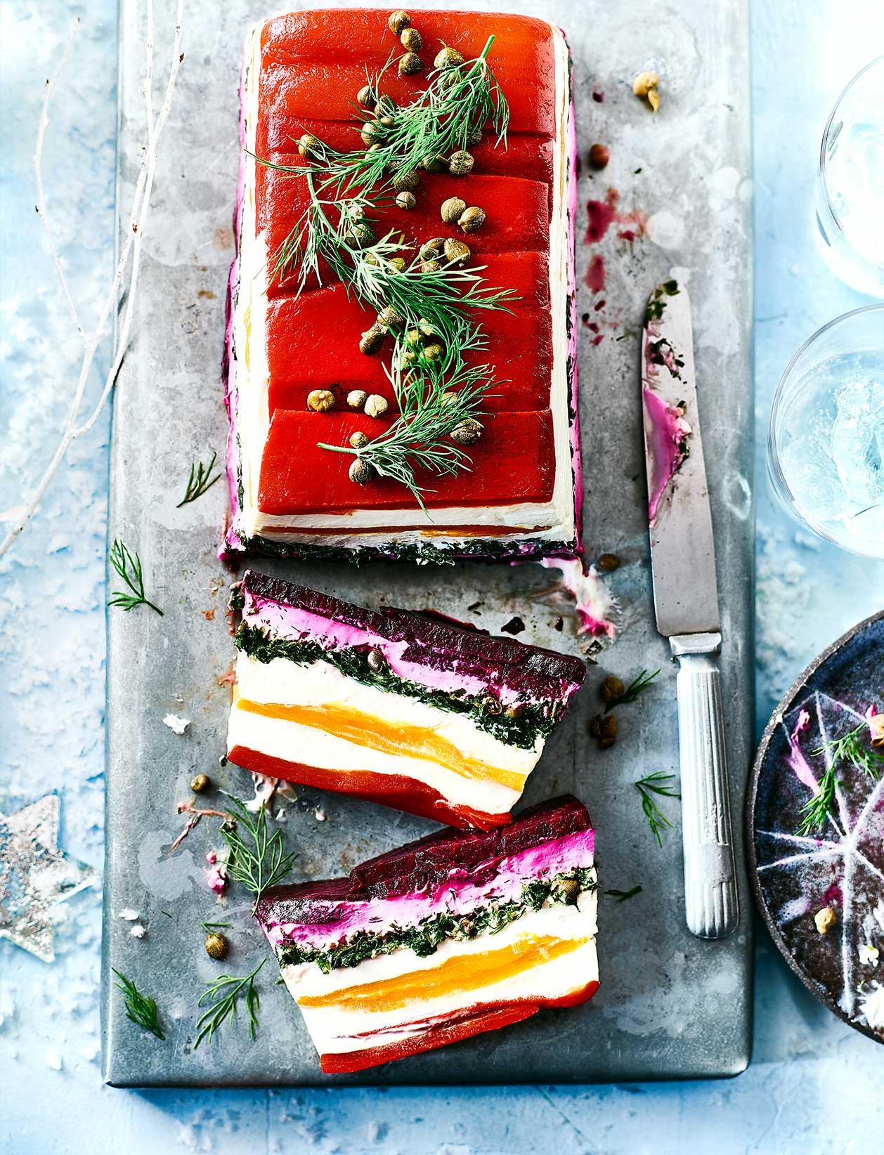  Layers of delicious veggies, nuts and tofu come together in this beautiful terrine.