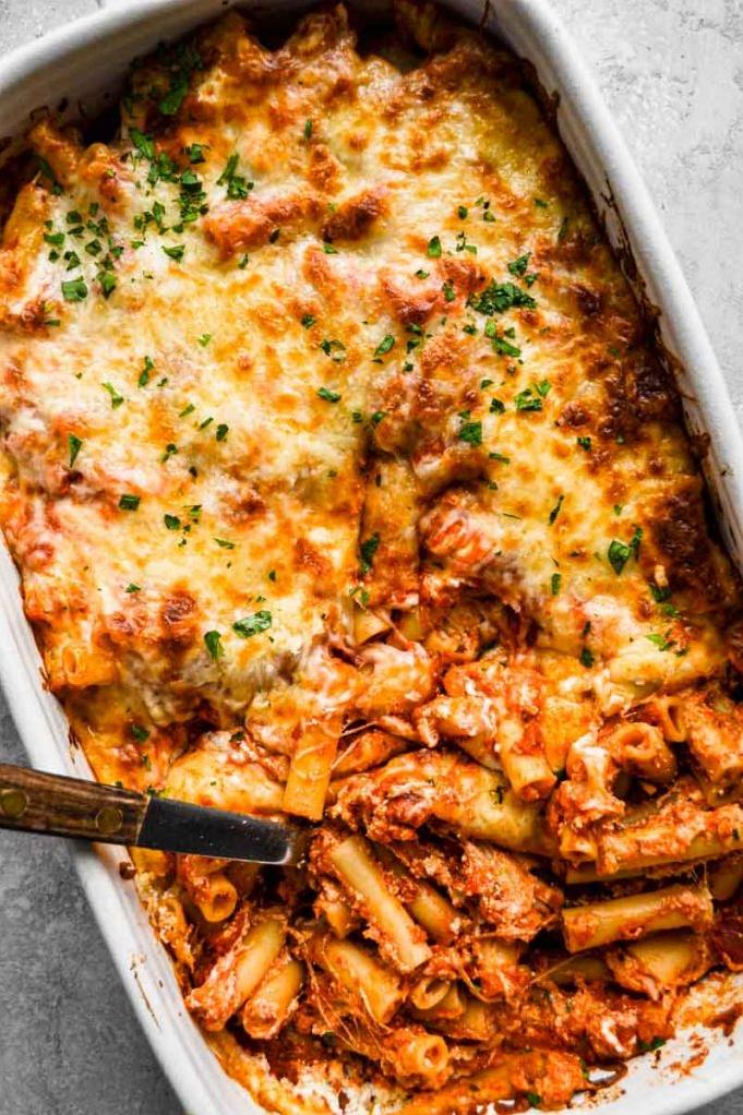  Melting cheese on top of baked ziti is truly a delight for the senses.