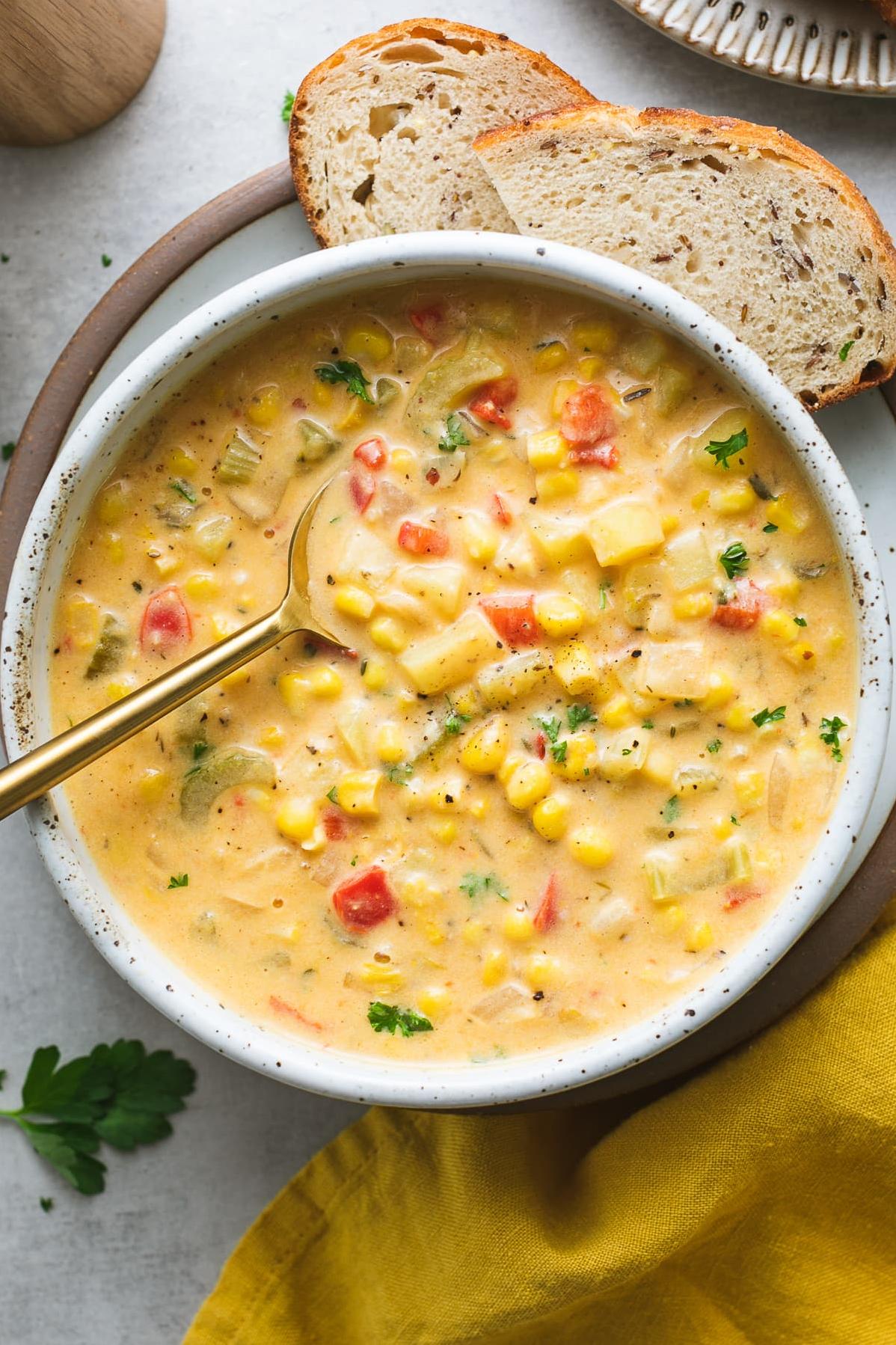  Potato, corn, and an array of fresh vegetables come together in a tantalizingly tasty soup.