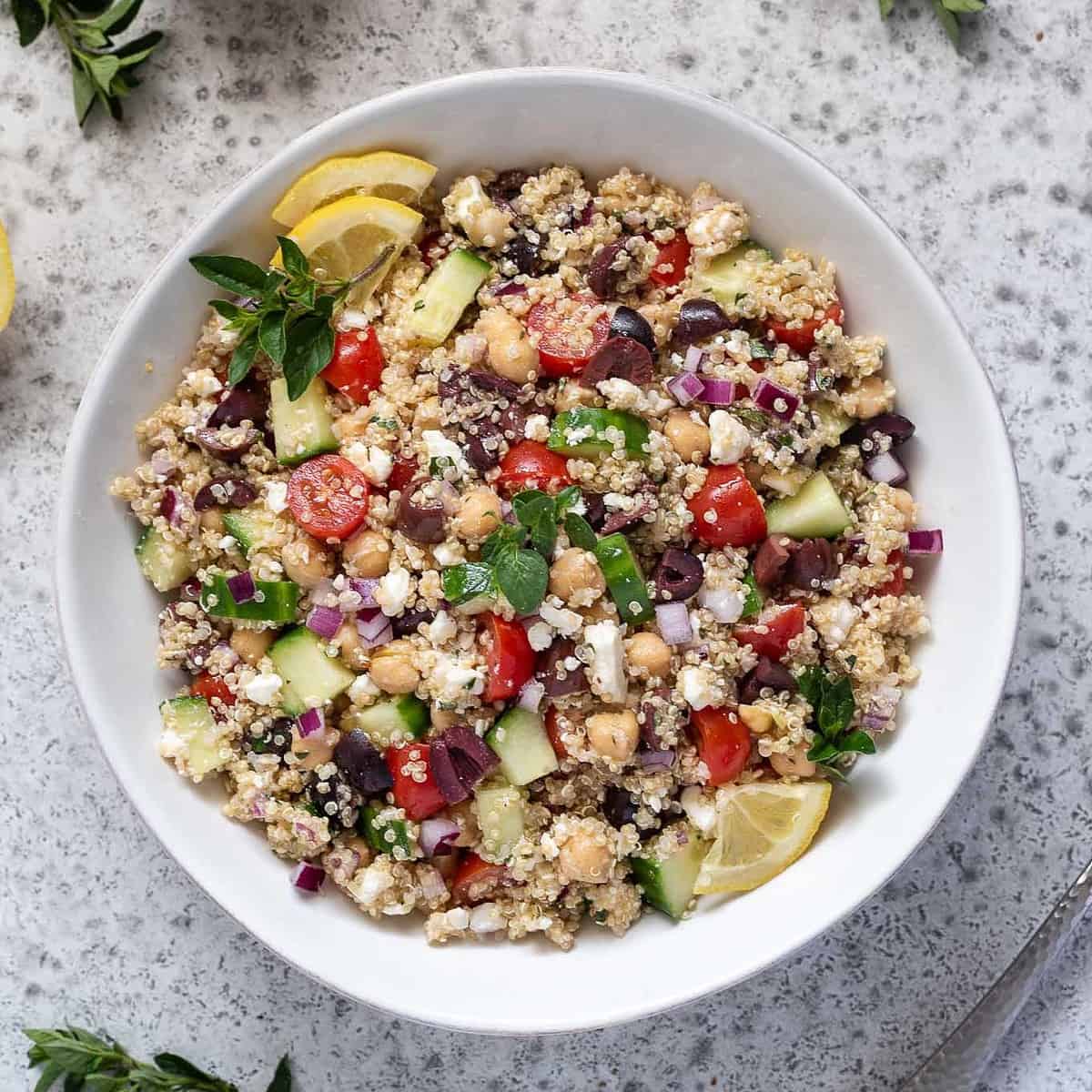 Quinoa, the versatile grain, meets the flavors of the Mediterranean in this salad.