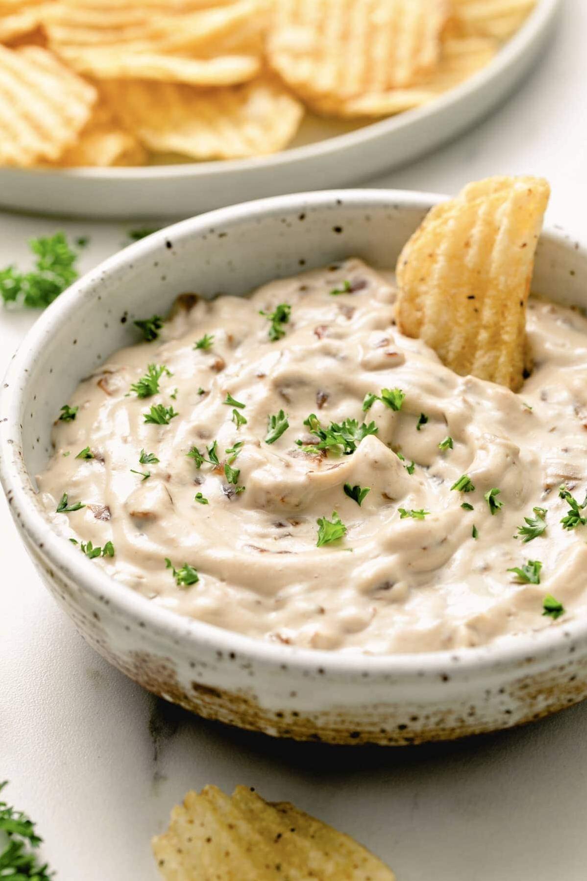 Sure, here are 11 creative captions for the Vegan French Onion Dip recipe: