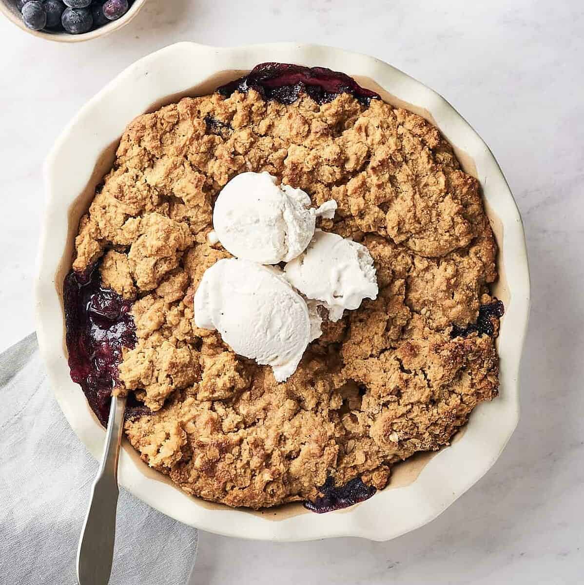 Sweet blueberries and juicy pears make the perfect pair in this vegan cobbler.