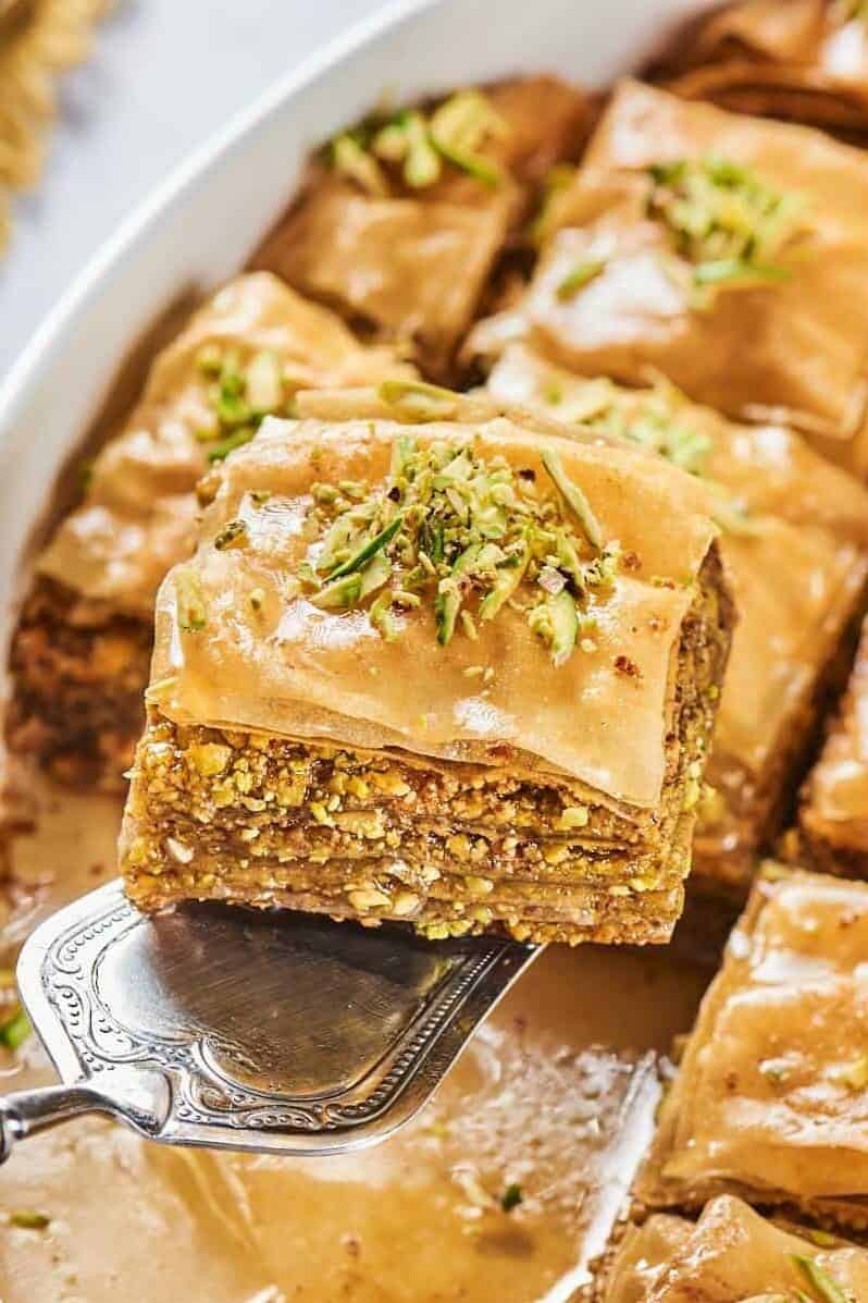  Sweet syrup glistening on top of perfectly golden Baklava.
