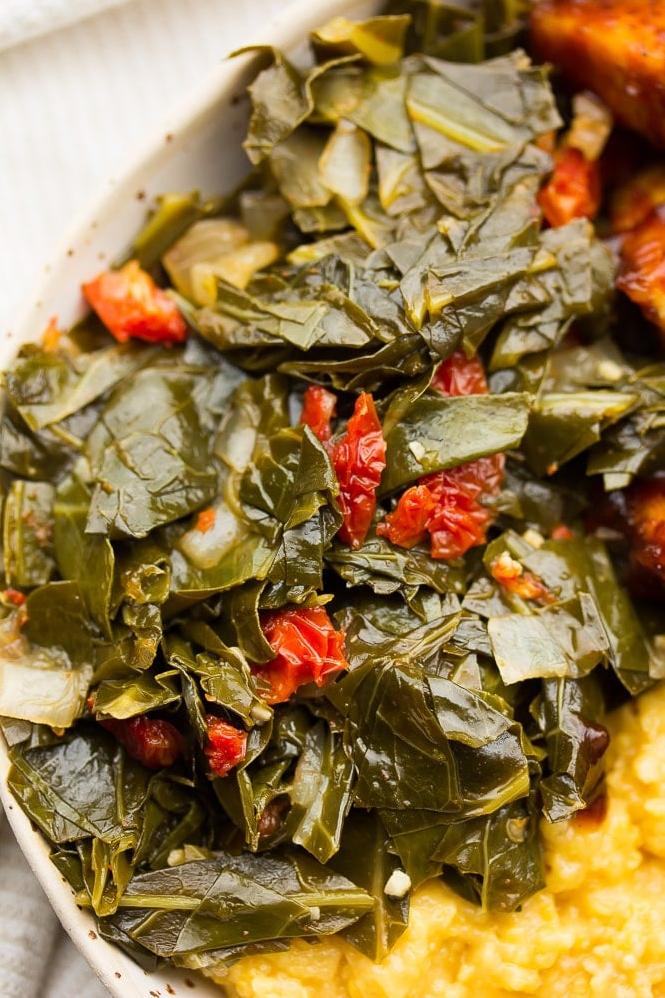  The recipe calls for vegetable broth, adding an extra layer of savory taste to the greens.