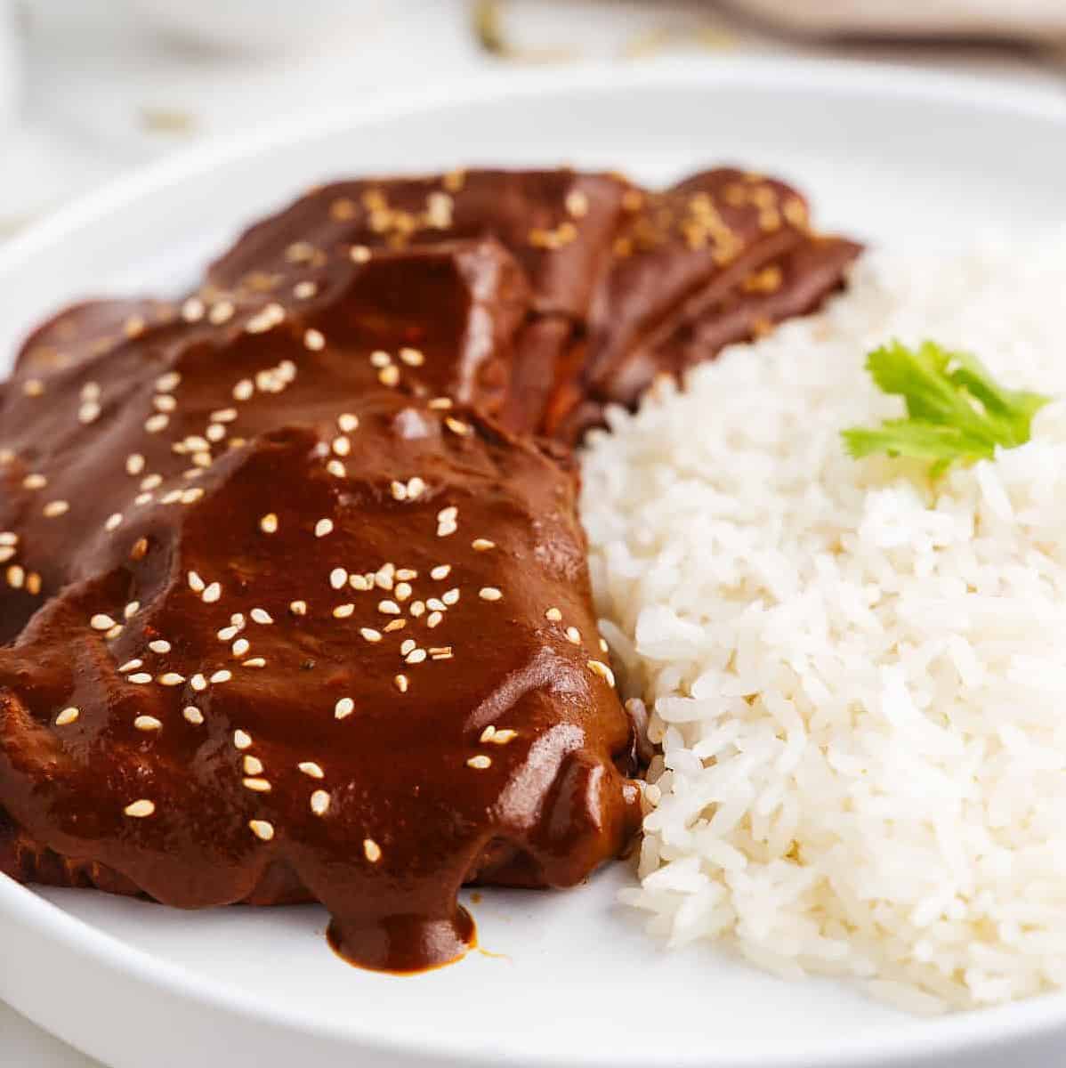  The rich and chocolaty mole sauce is the star of this dish