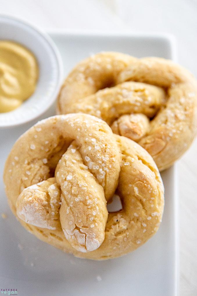  These Low Fat Vegan Soft Pretzels are golden brown and delicious, perfect for a savory snack or a fun party appetizer!