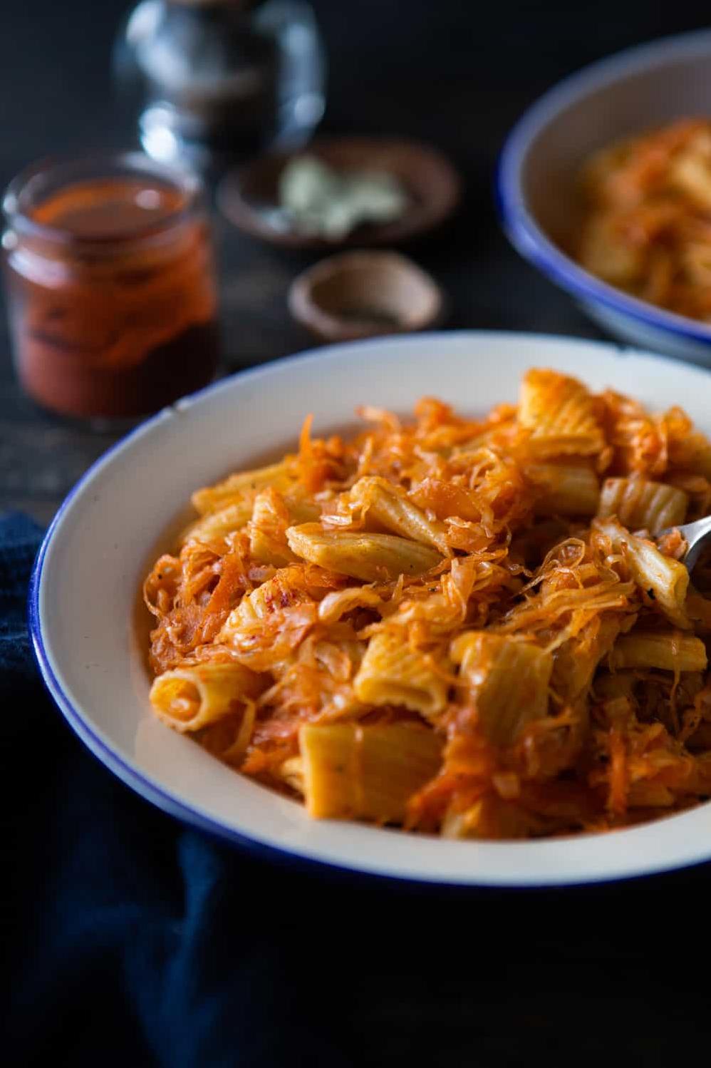  This sauerkraut and tomato pasta is a delicious way to sneak more fermented foods into your diet.