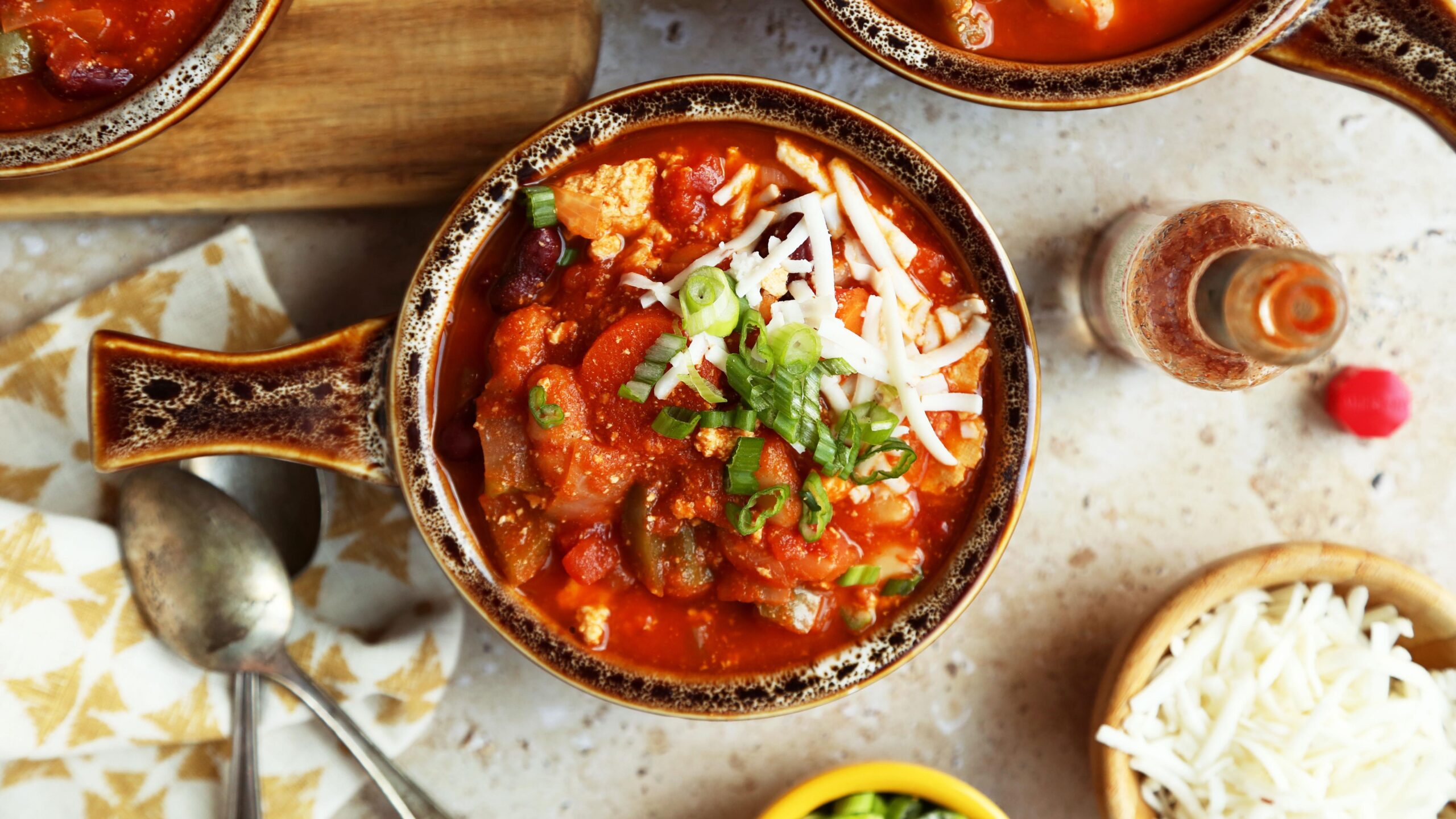  This tofu chili is like a warm hug on a cold day.