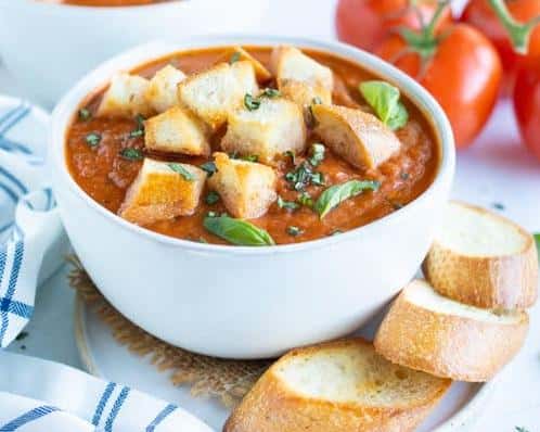  This vegan Roasted Tomato-Basil Bisque is a perfect meal idea for meatless Mondays