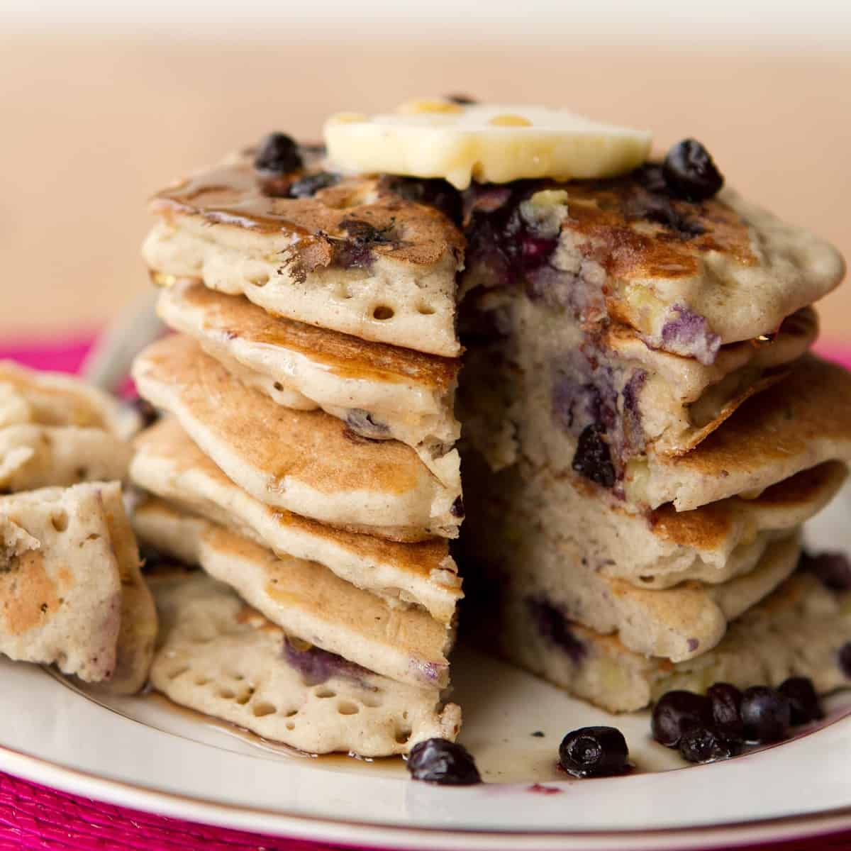  Top your pancakes with your favorite fruits and syrup for a burst of flavor and texture.