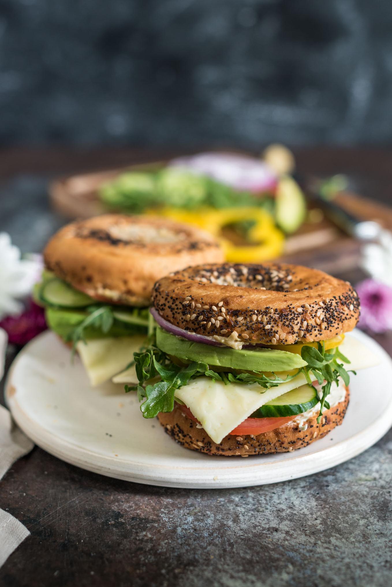  Who says vegetarian food is boring? This bagel sandwich is anything but.