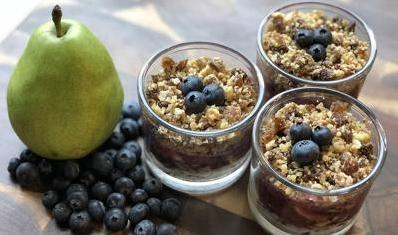 Your kitchen will smell absolutely amazing as this vegan blueberry pear cobbler bakes.